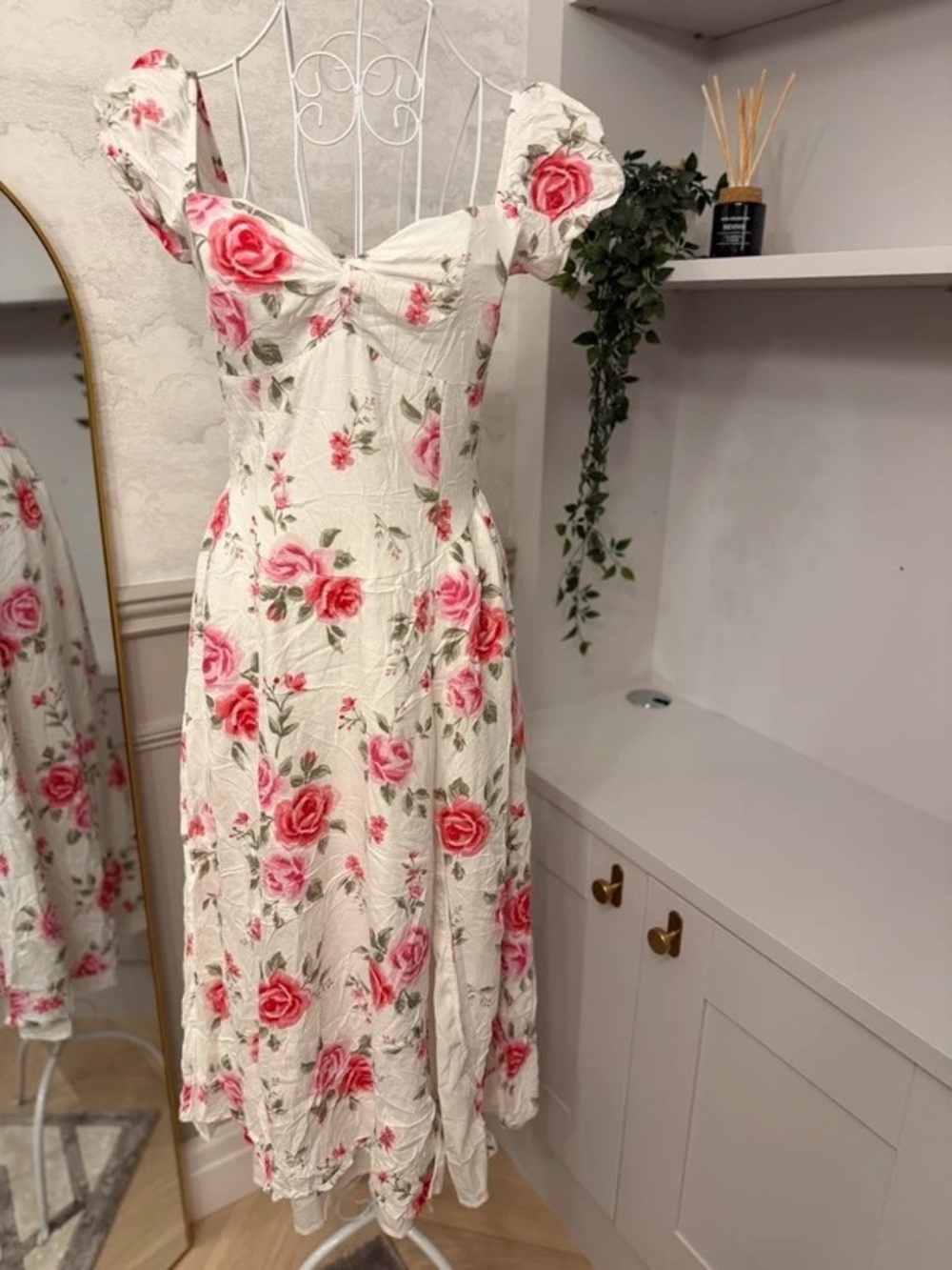 Ivory Floral Maxi Dress with Pink Rose Print